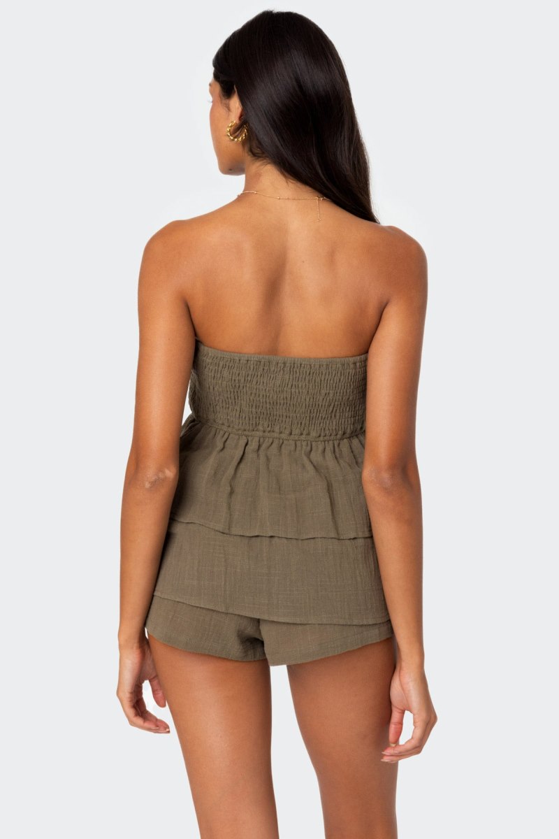 Edikted Harleigh Ruffled Linen Look Tube Strapless Tops Cream | USA PB301630W8