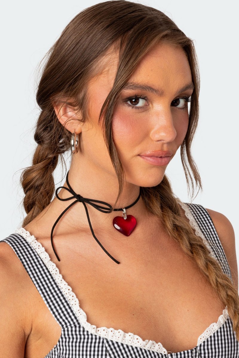 Edikted Heart Pendant Tie Choker Necklaces Red | USA FV974207R7