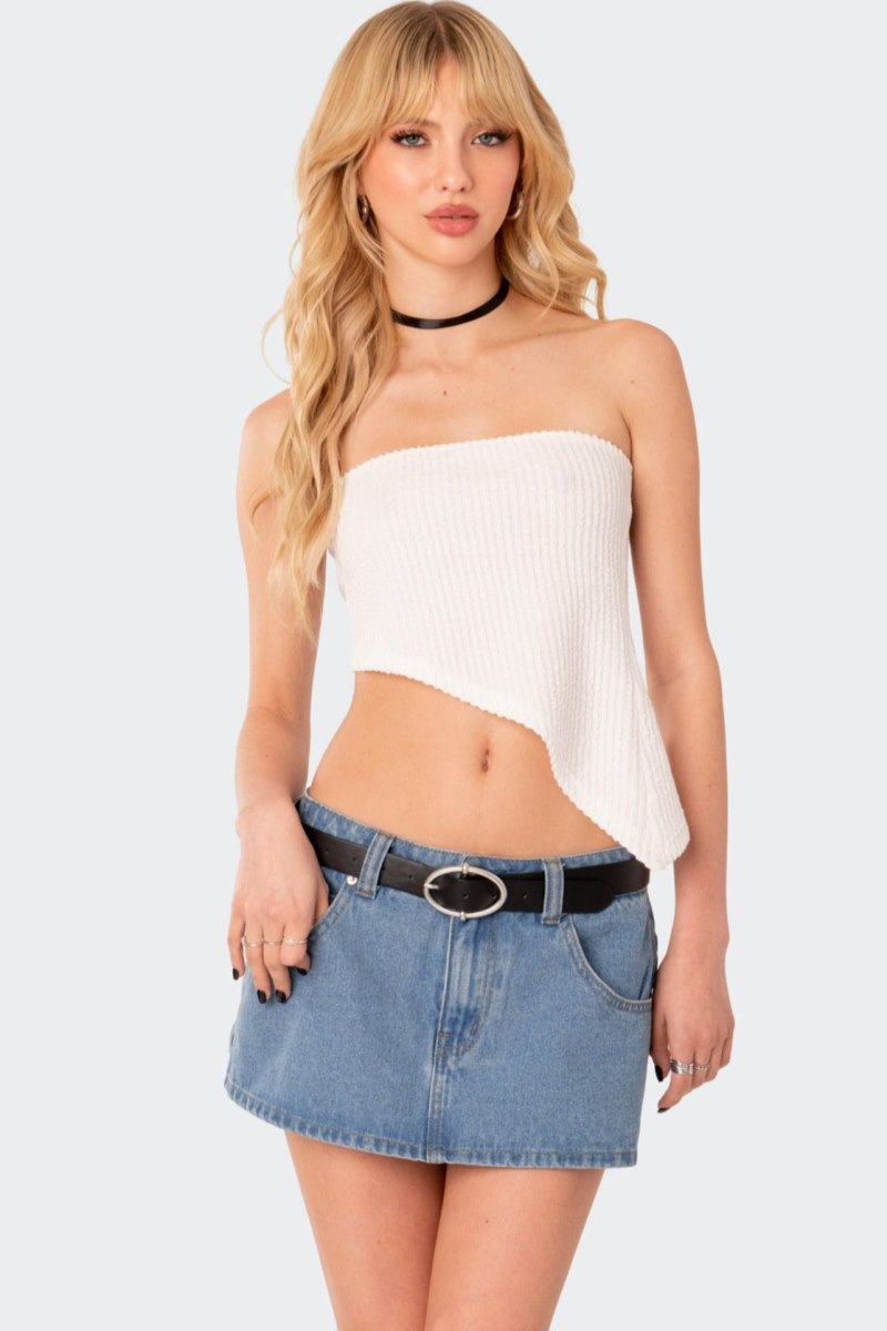Edikted Heidi Textured Knit Asymmetric Crop Tops Black | USA RH123872D7