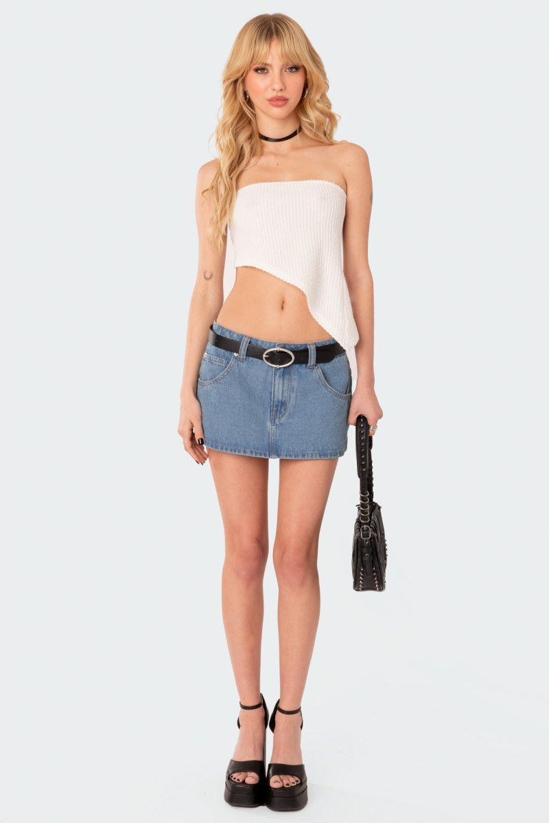 Edikted Heidi Textured Knit Asymmetric Strapless Tops Black | USA AL939273E2