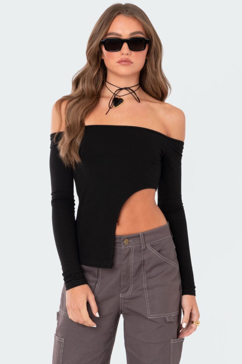 Edikted Helena Asymmetric Off The Shoulder Long Sleeve Tops Black | USA MW950245V5