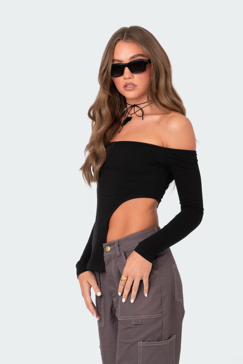 Edikted Helena Asymmetric Off The Shoulder Long Sleeve Tops Black | USA MW950245V5