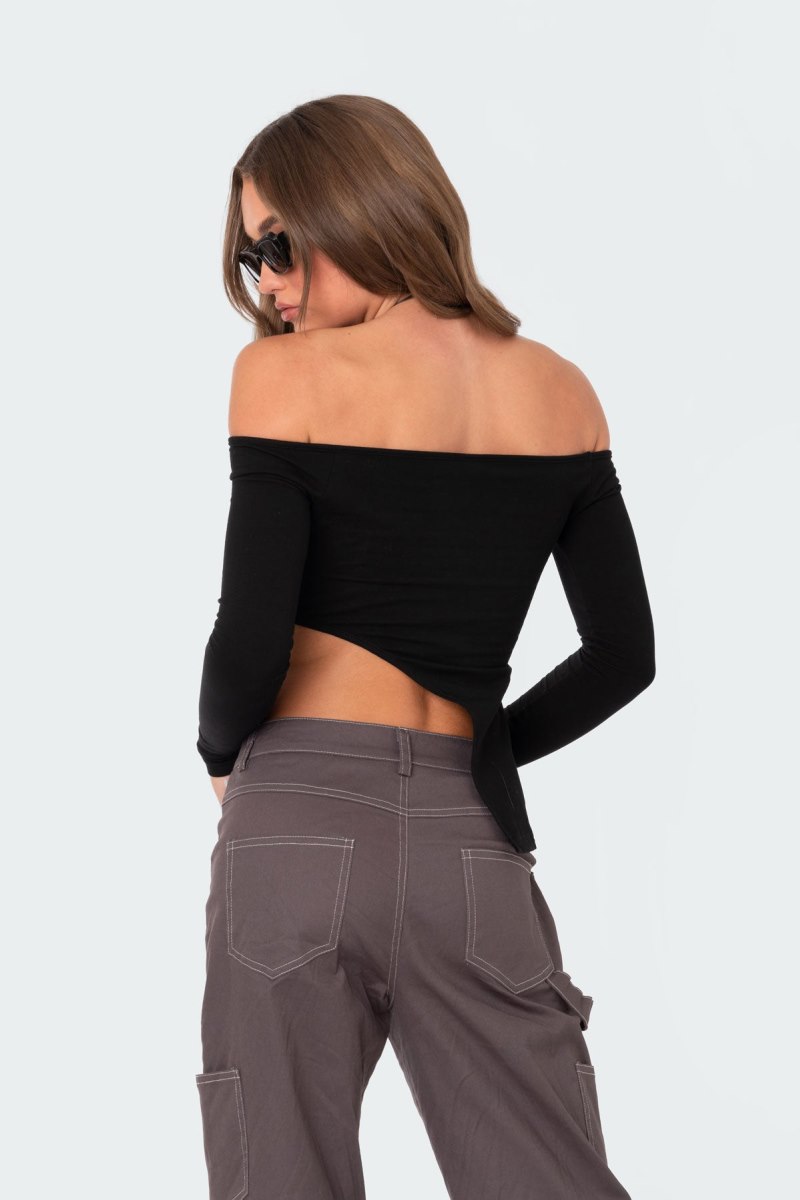 Edikted Helena Asymmetric Off The Shoulder Long Sleeve Tops Black | USA MW950245V5