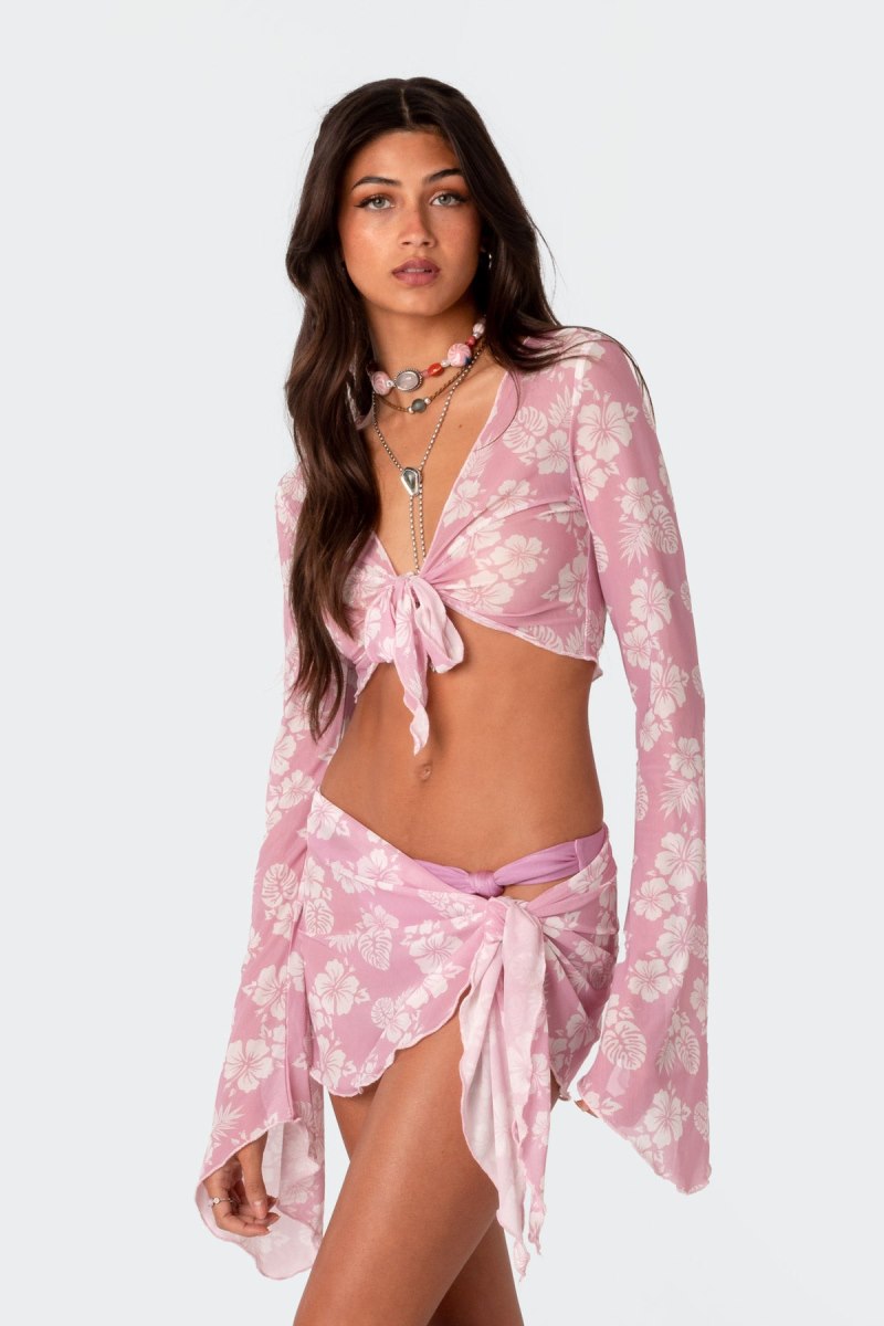 Edikted Hibiscus Tie Front Mesh Crop Long Sleeve Tops Pink | USA NJ317981L2