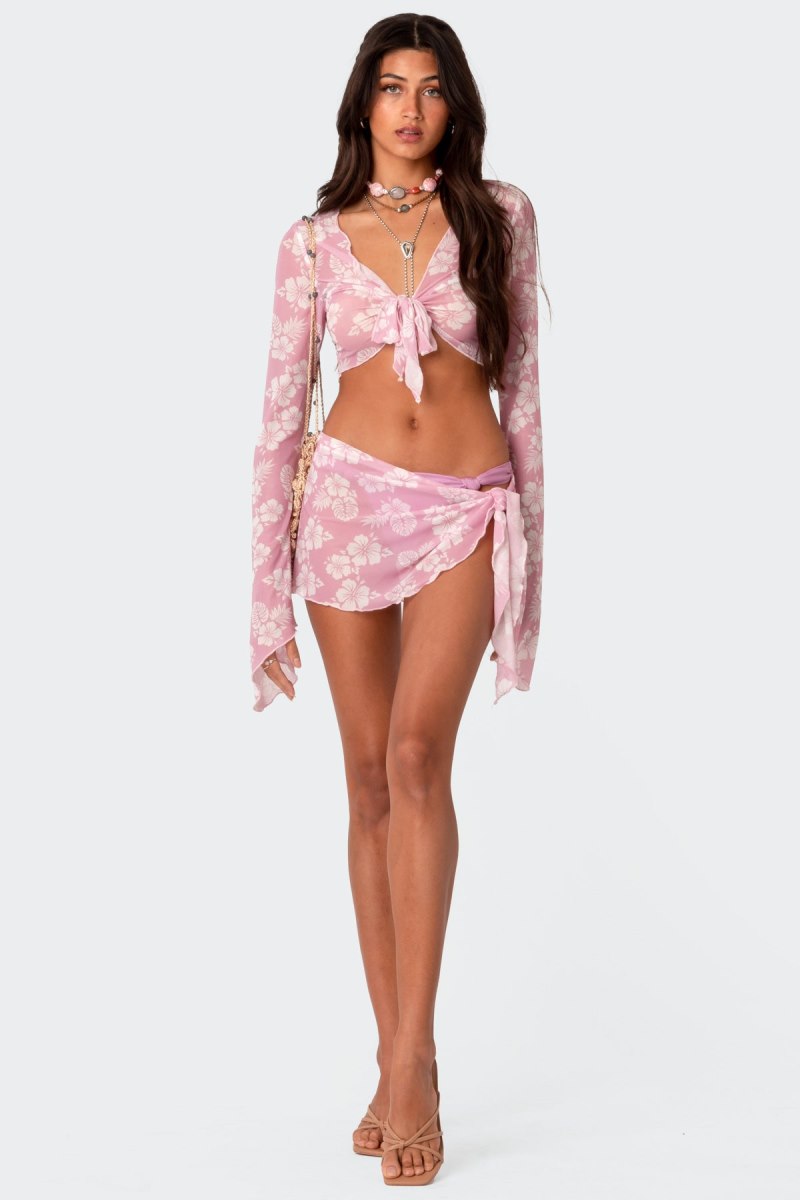 Edikted Hibiscus Tie Front Mesh Crop Long Sleeve Tops Pink | USA NJ317981L2