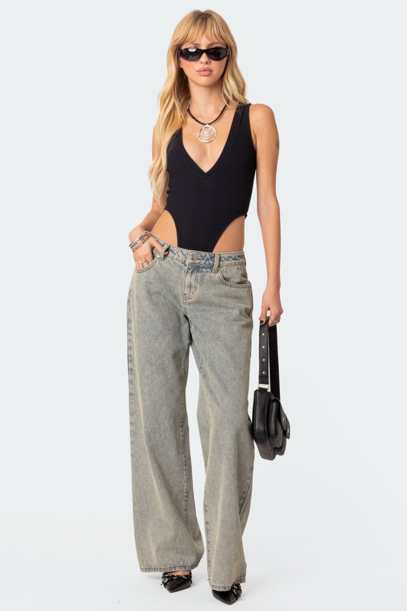 Edikted High Cut Ribbed V Neck Bodysuit Black | USA MI892059E8