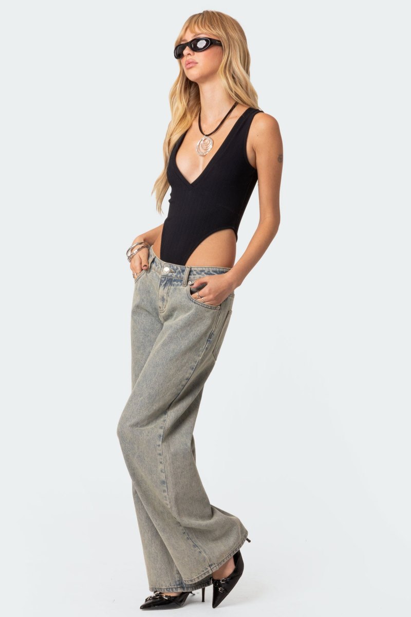 Edikted High Cut Ribbed V Neck Bodysuit Black | USA MI892059E8