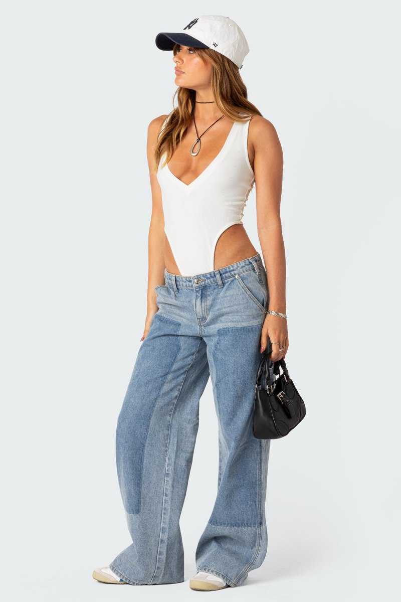 Edikted High Cut Ribbed V Neck Bodysuit Black | USA UJ297479S6