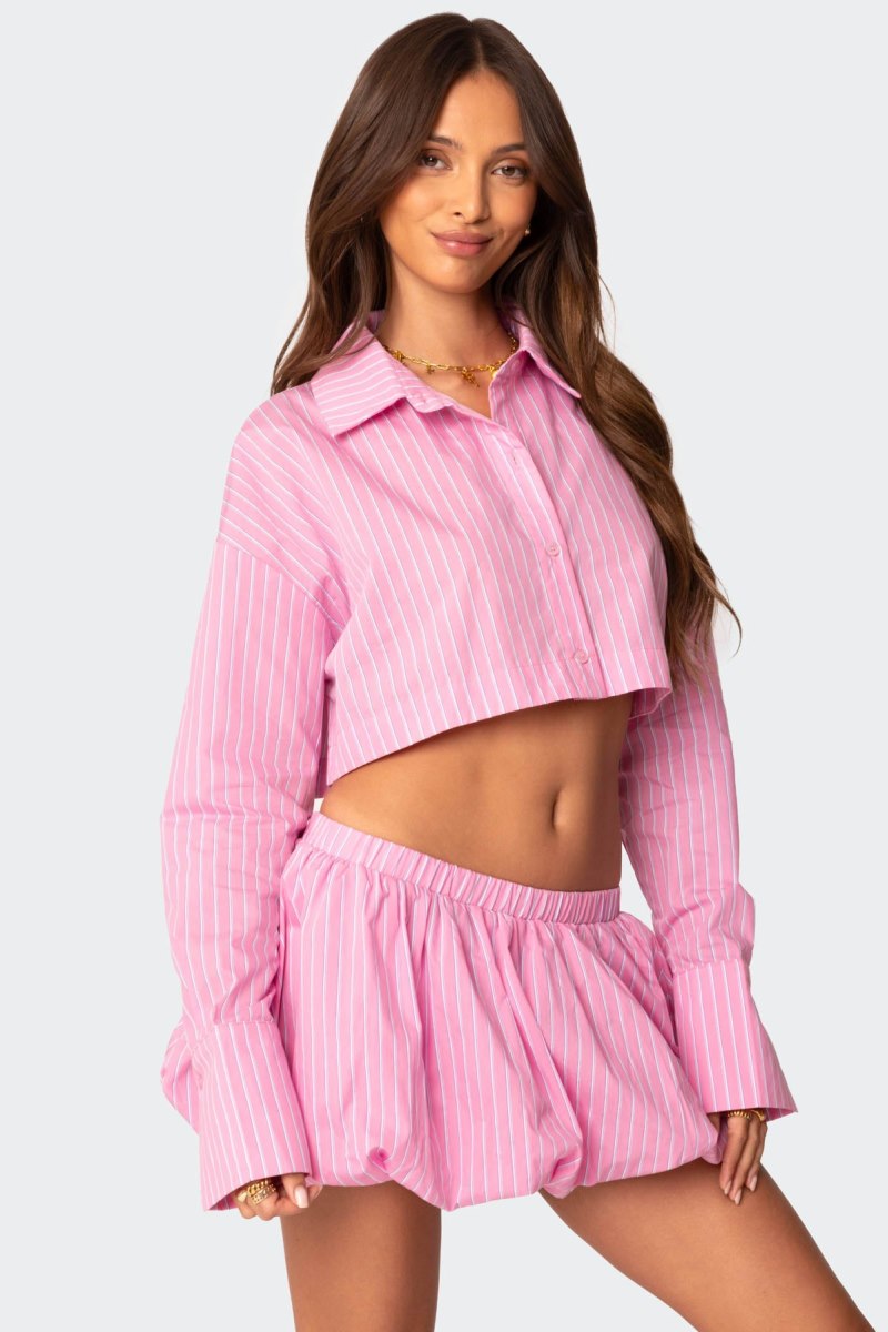 Edikted Hila Pinstripe Cropped Button Up Shirt Long Sleeve Tops Pink | USA YK207000I0