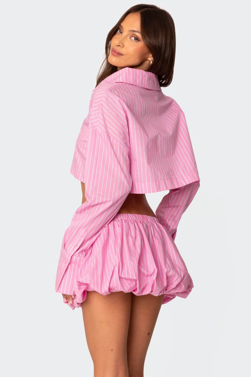 Edikted Hila Pinstripe Cropped Button Up Shirt Long Sleeve Tops Pink | USA YK207000I0