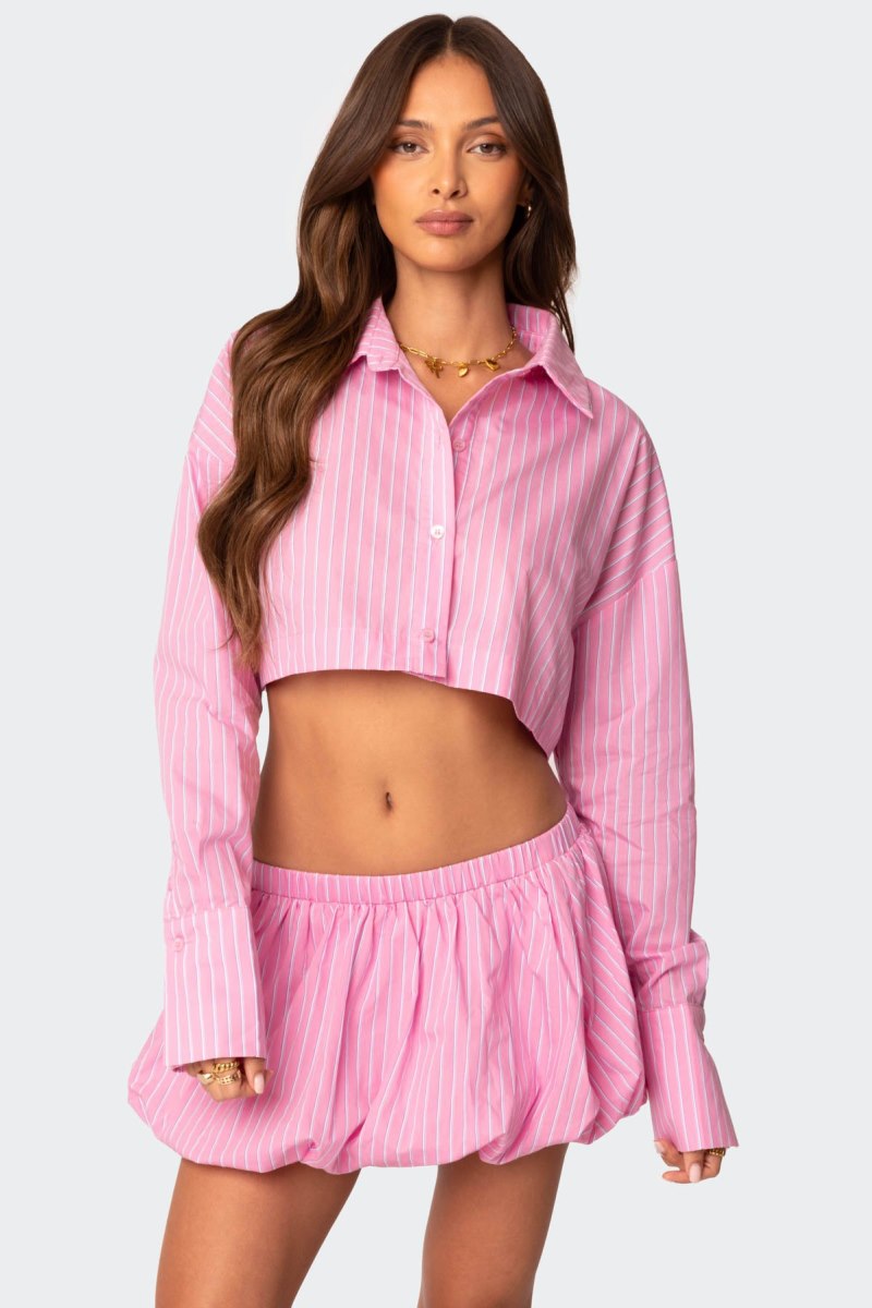 Edikted Hila Pinstripe Cropped Button Up Shirt Long Sleeve Tops Pink | USA YK207000I0