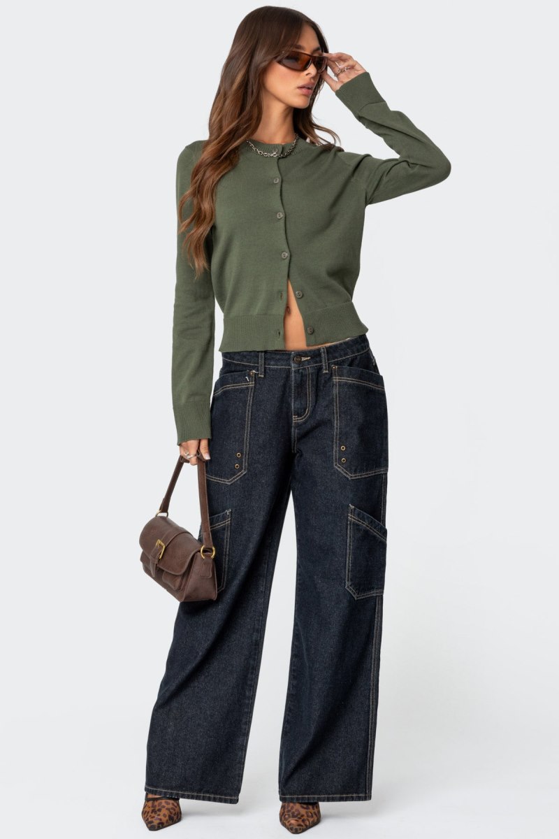 Edikted Hollie Button Up Cardigan Olive | USA ZX071427L2