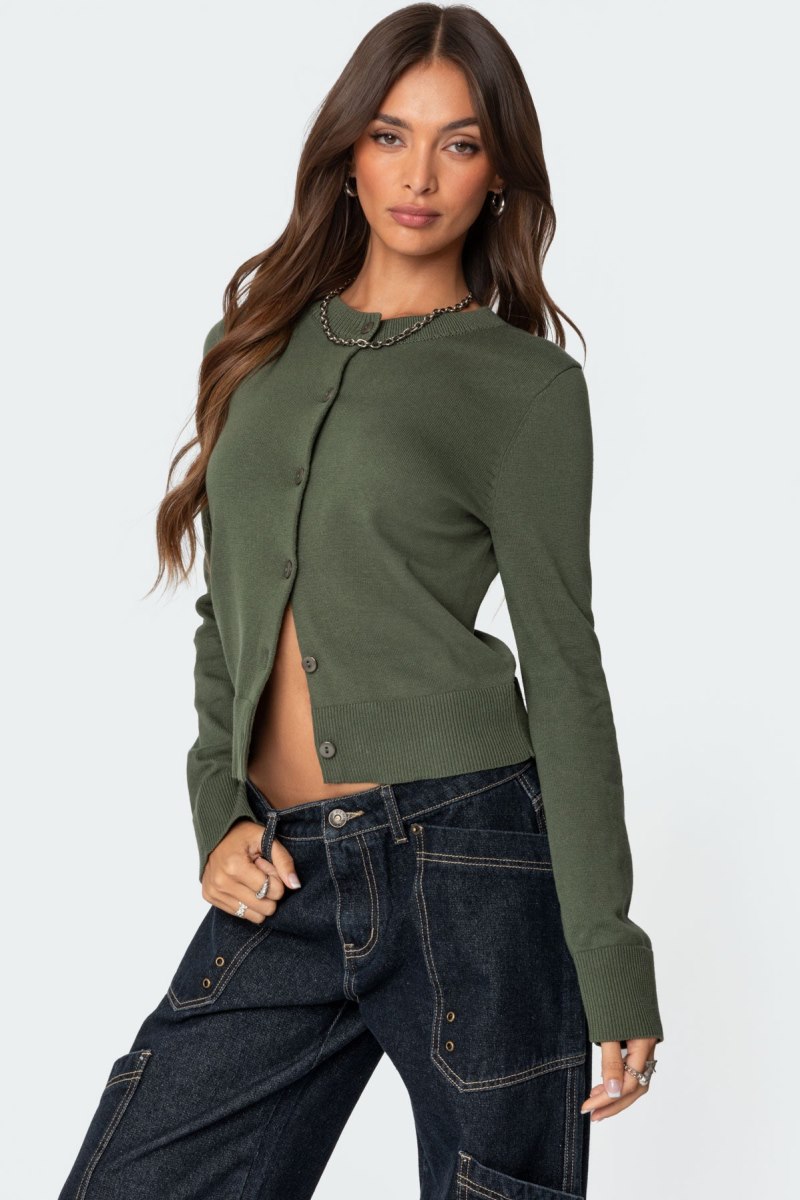 Edikted Hollie Button Up Cardigan Olive | USA ZX071427L2