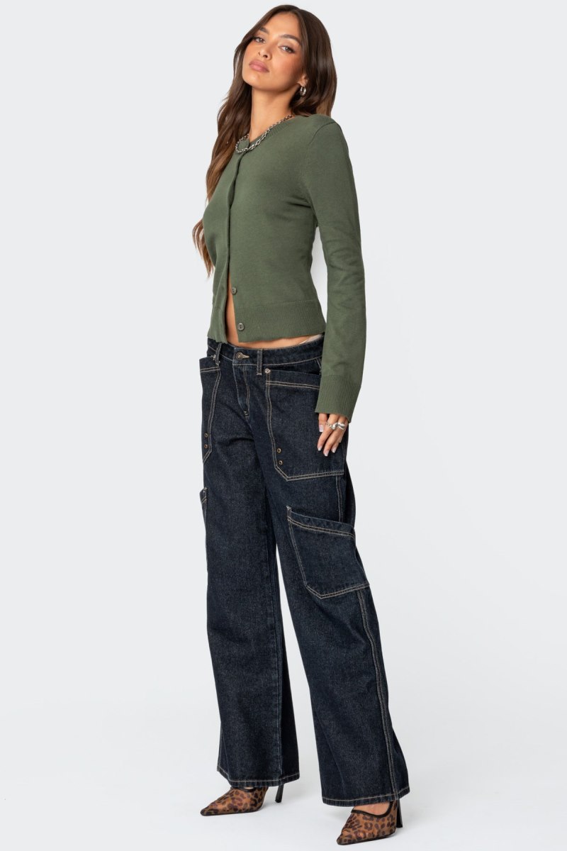 Edikted Hollie Button Up Cardigan Olive | USA ZX071427L2