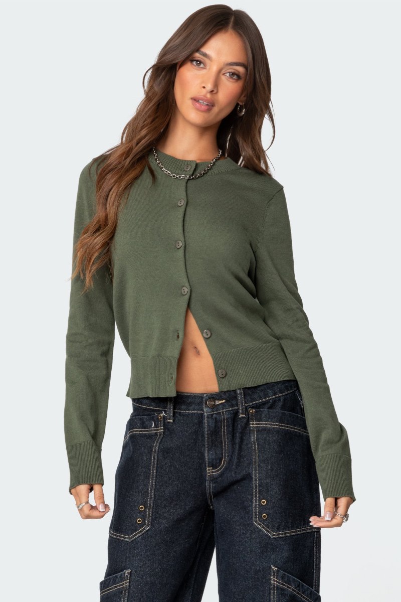 Edikted Hollie Button Up Cardigan Olive | USA ZX071427L2