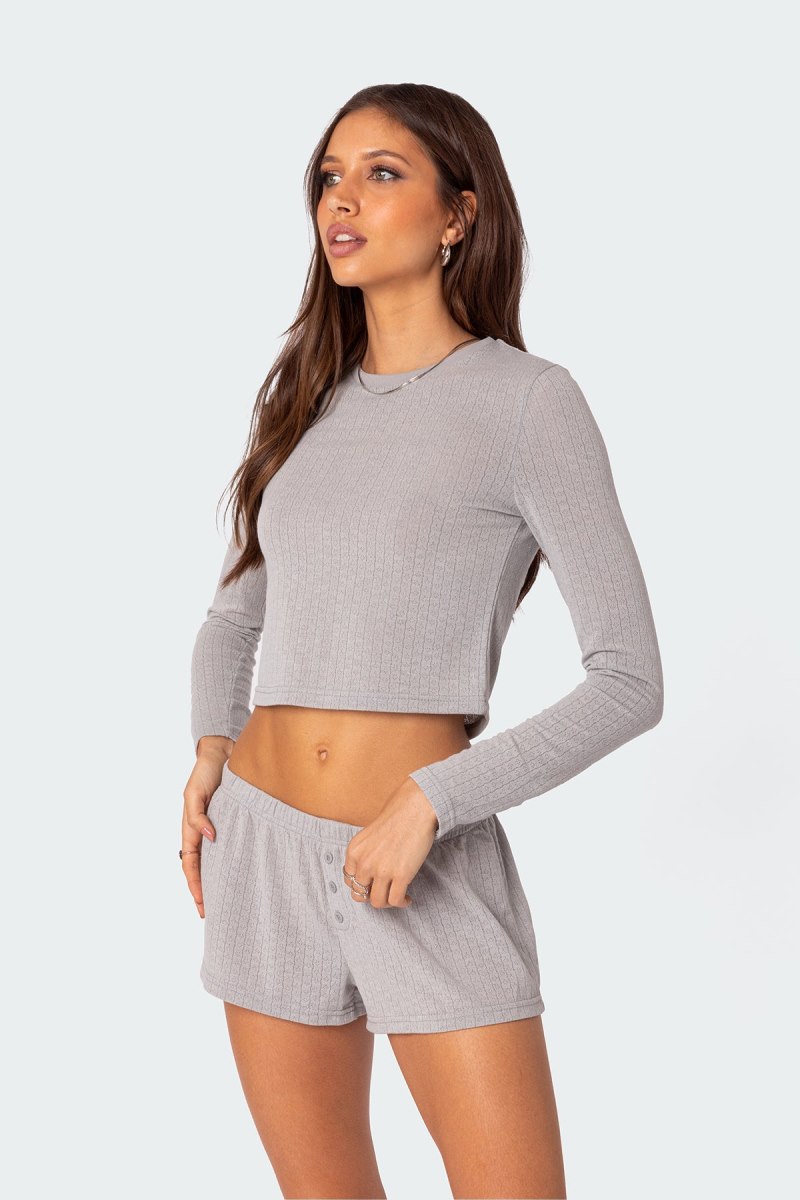 Edikted Homey Pointelle Long Sleeve T Shirts Gray | USA LU806750Y7