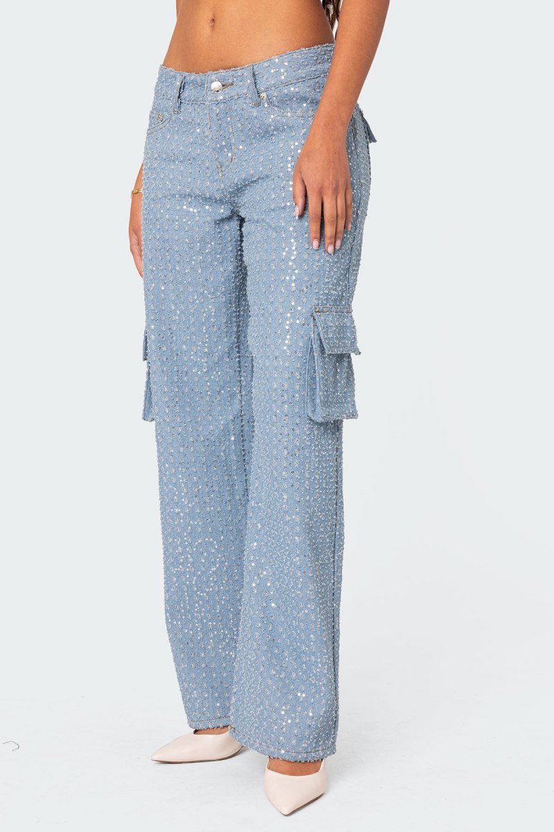 Edikted Icing Sequin Low Rise Cargo Jeans Light Blue | USA JW838693B9