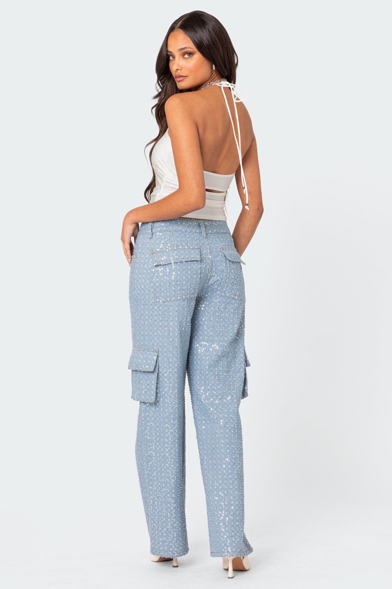 Edikted Icing Sequin Low Rise Cargo Jeans Light Blue | USA JW838693B9