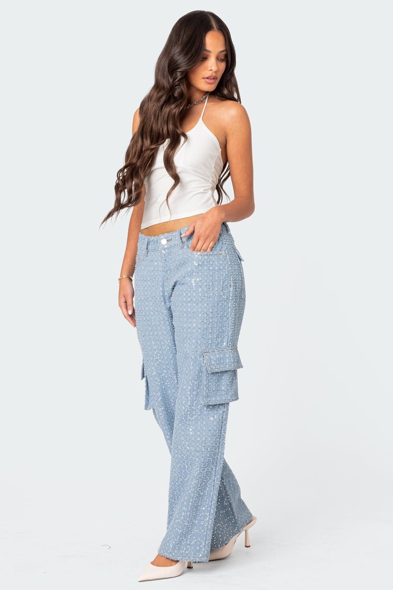 Edikted Icing Sequin Low Rise Cargo Jeans Light Blue | USA JW838693B9