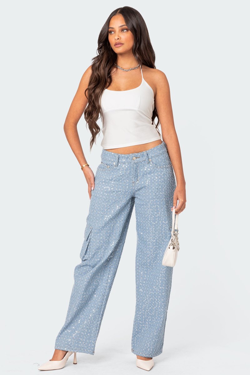 Edikted Icing Sequin Low Rise Cargo Jeans Light Blue | USA JW838693B9