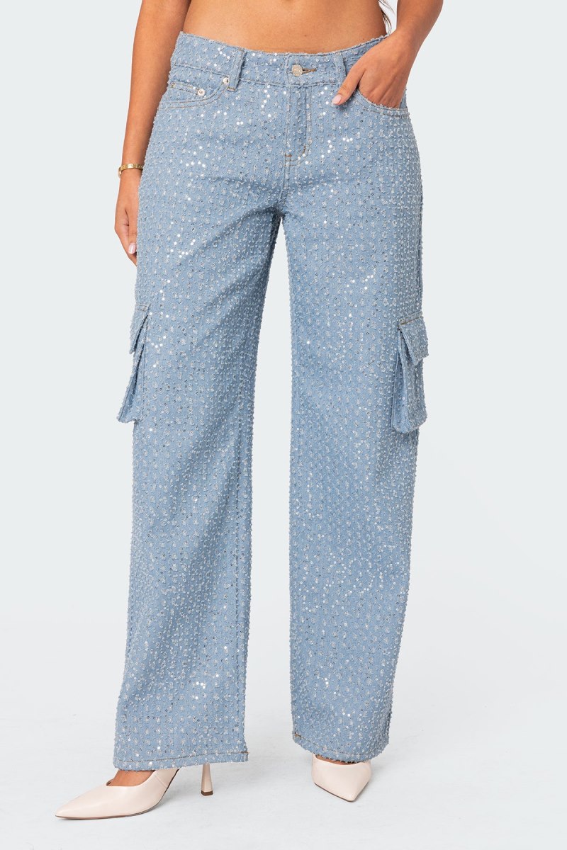 Edikted Icing Sequin Low Rise Cargo Jeans Cargo Pants Light Blue | USA UA602200U5