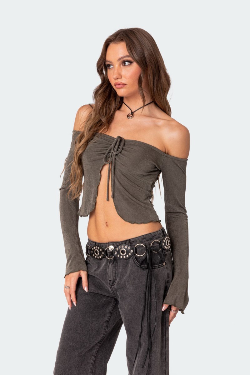 Edikted Ilana Gathered Front Long Sleeve Tops Olive | USA TN340174G3