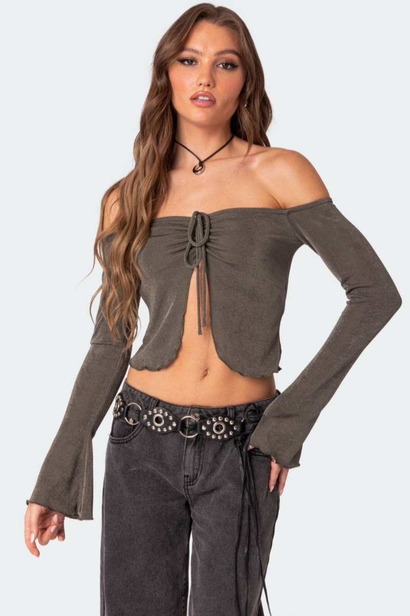 Edikted Ilana Gathered Front Long Sleeve Tops Olive | USA TN340174G3