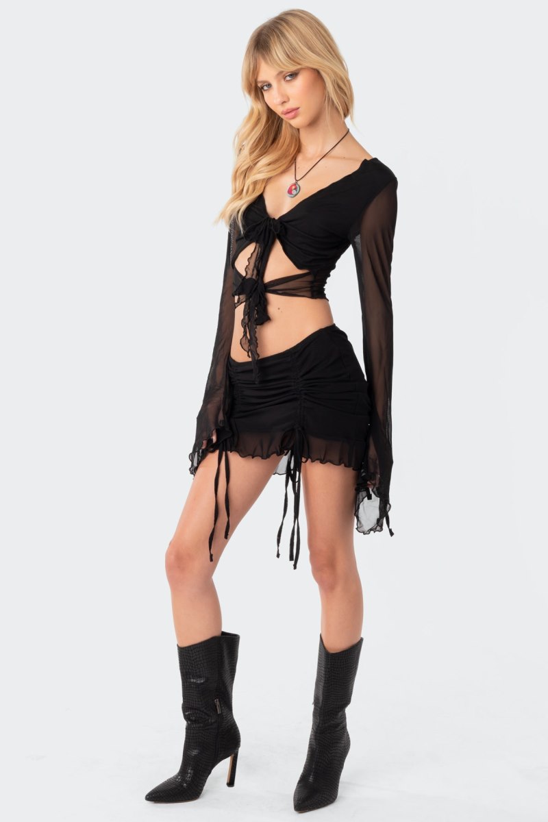 Edikted Indigo Tie Front Mesh Crop Long Sleeve Tops Black | USA QL654115C9