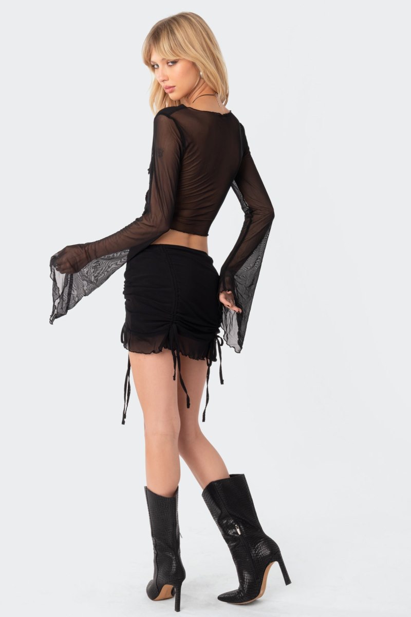 Edikted Indigo Tie Front Mesh Crop Tops Black | USA YM364106O4