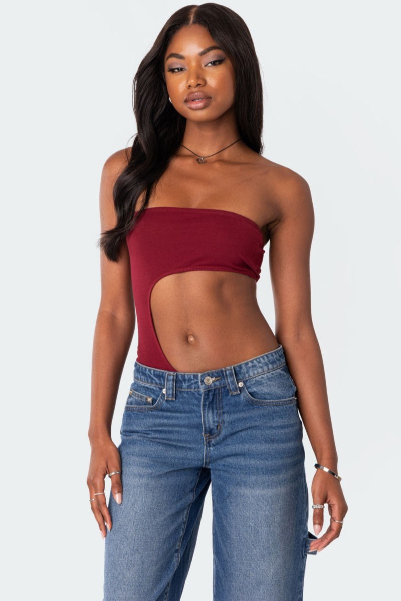 Edikted Indy Asymmetric Cut Out Bodysuit Burgundy | USA DH860196Y2