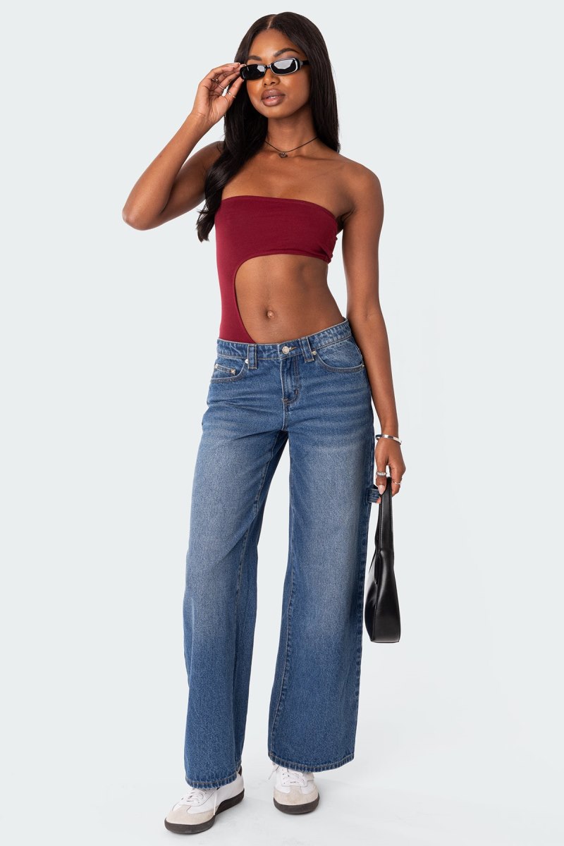 Edikted Indy Asymmetric Cut Out Bodysuit Strapless Tops Burgundy | USA GM181538H6