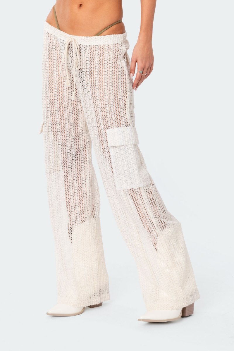 Edikted Ines Crochet Low Rise Cargo Pants Cream | USA KZ028612B7