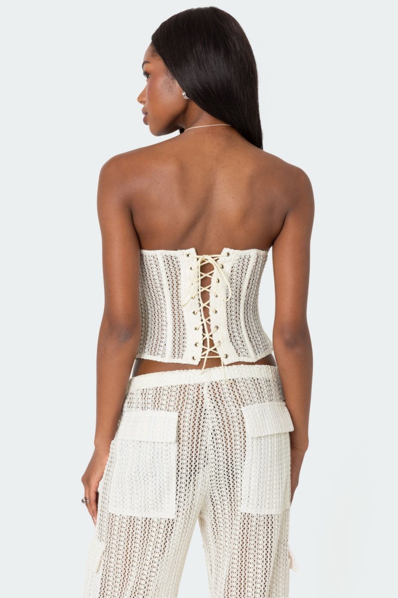 Edikted Ines Sheer Crochet Corset Strapless Tops Cream | USA WL612981A5