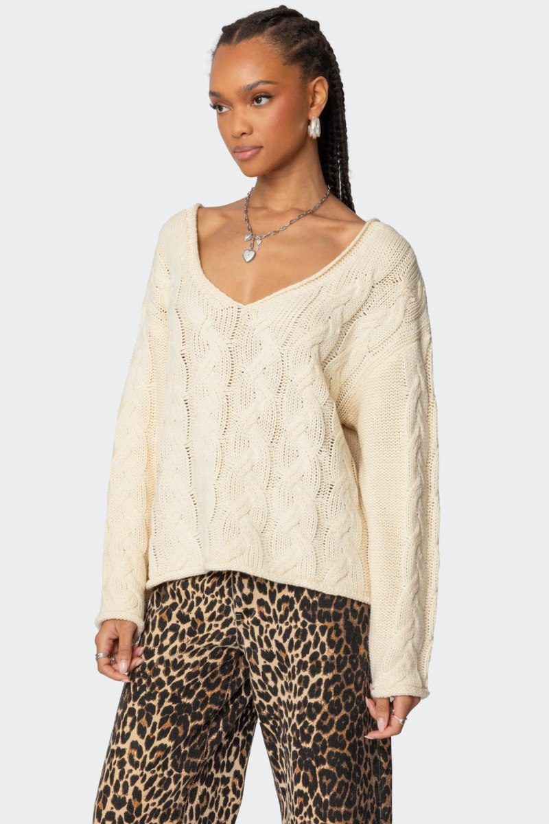 Edikted Inga Oversized Cable Knit Sweater Long Sleeve Tops Cream | USA LC332793F7