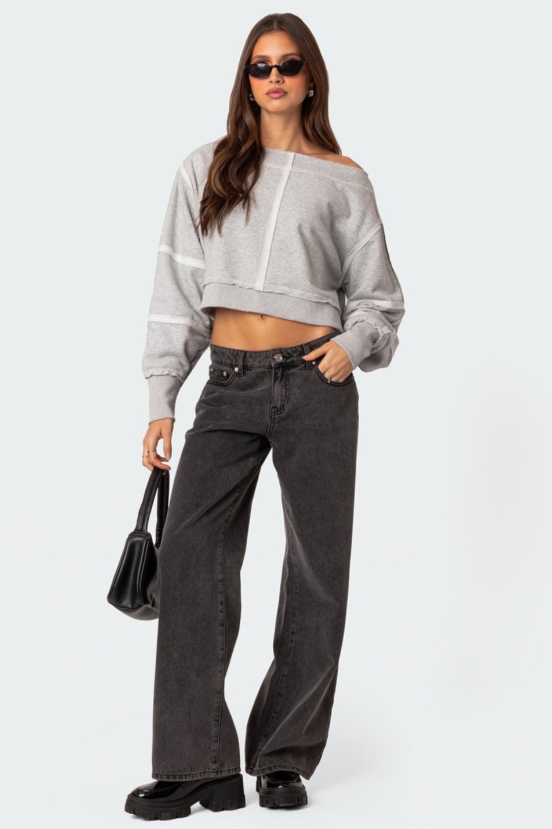 Edikted Inside Out Cropped Sweatshirt Long Sleeve Tops Gray Melange | USA UT164406P0