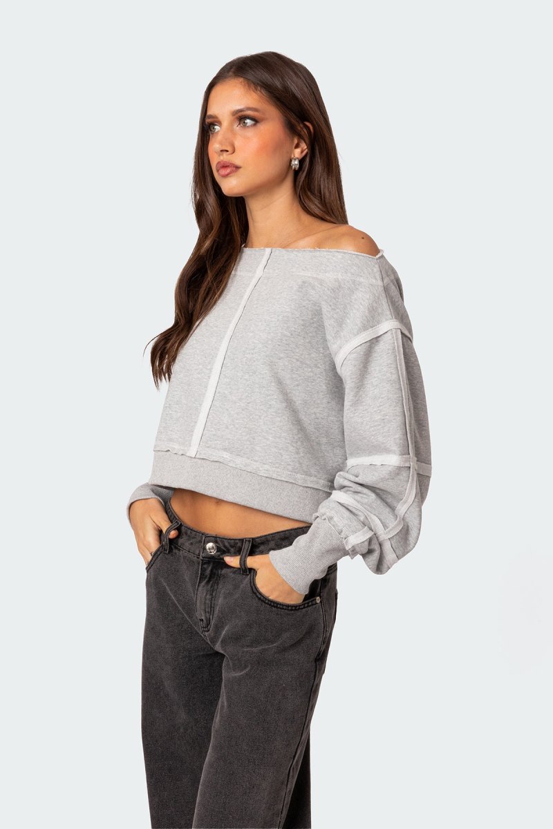 Edikted Inside Out Cropped Sweatshirt Long Sleeve Tops Gray Melange | USA UT164406P0