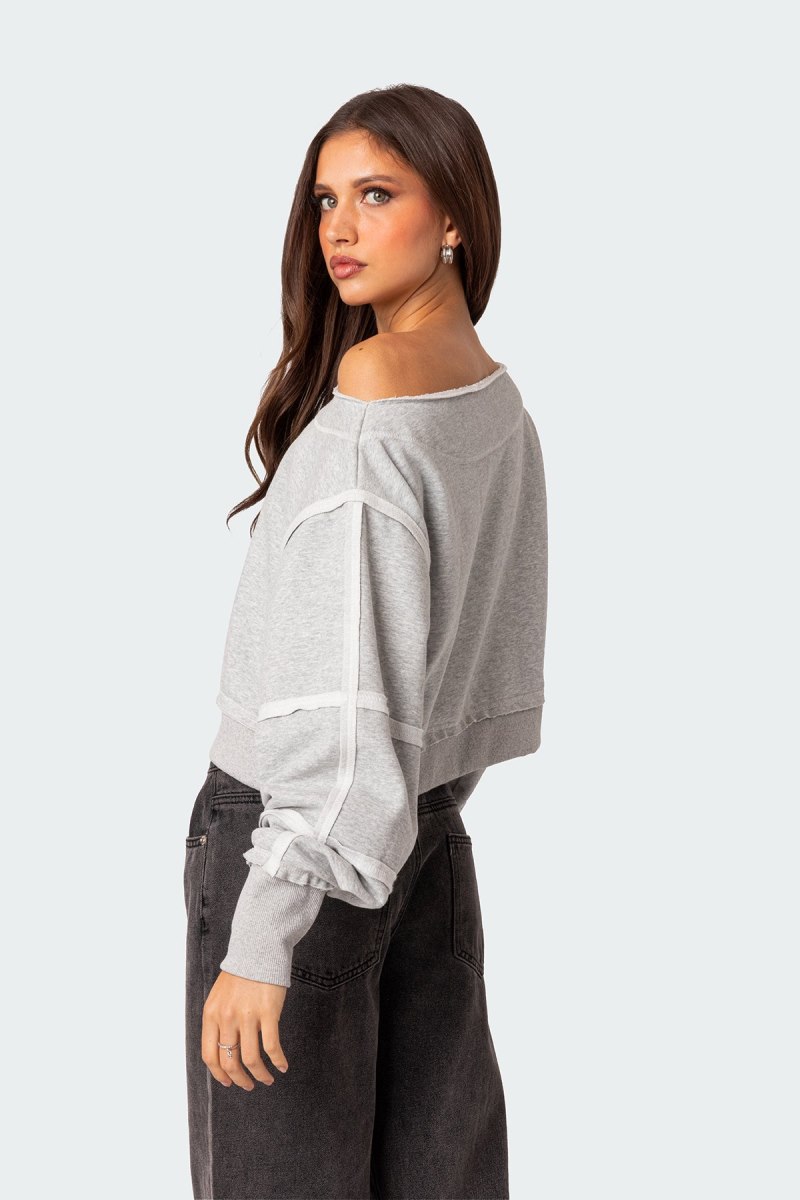 Edikted Inside Out Cropped Sweatshirt Long Sleeve Tops Gray Melange | USA UT164406P0
