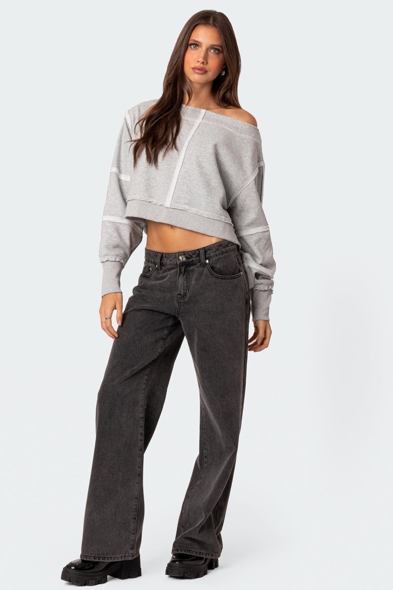 Edikted Inside Out Cropped Sweatshirt Long Sleeve Tops Gray Melange | USA UT164406P0