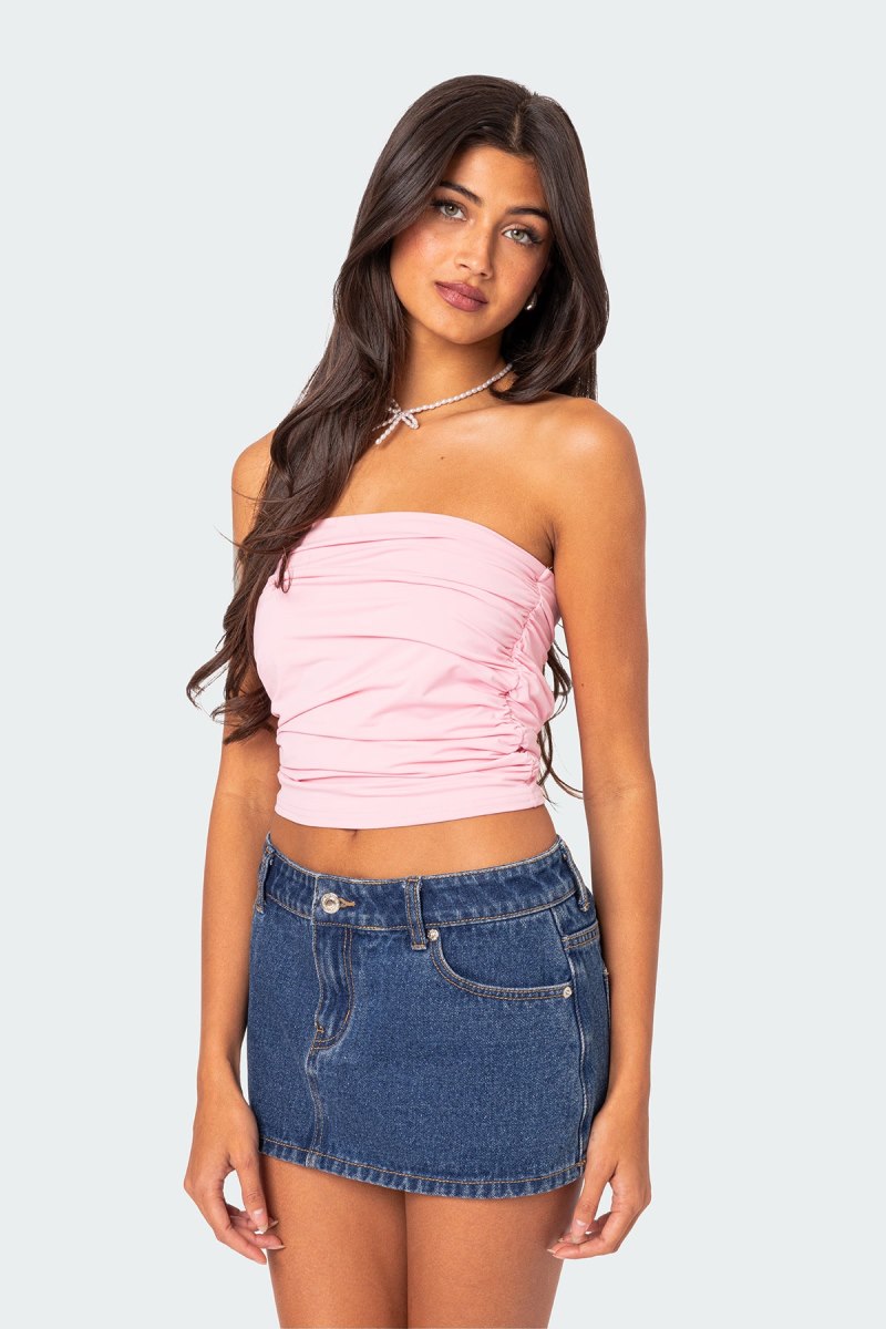 Edikted Isabella Ruched Tube Strapless Tops Pink | USA BY758275Z3