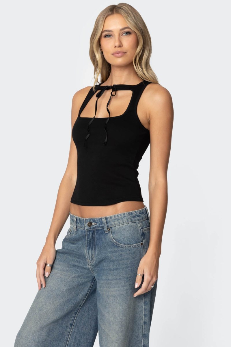 Edikted Isabetta Tie Front Tank Top Black | USA CU791679A6