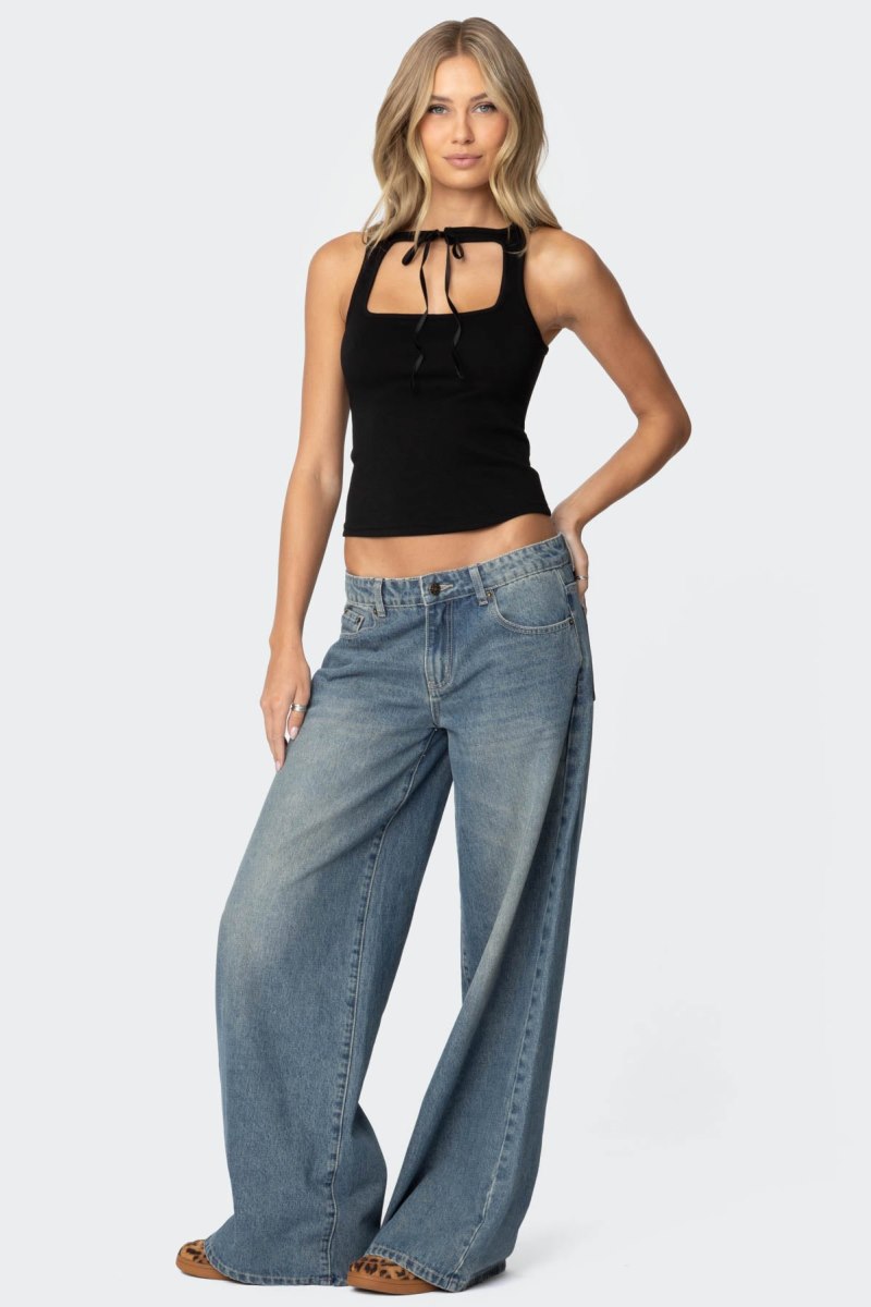 Edikted Isabetta Tie Front Tank Top Black | USA CU791679A6
