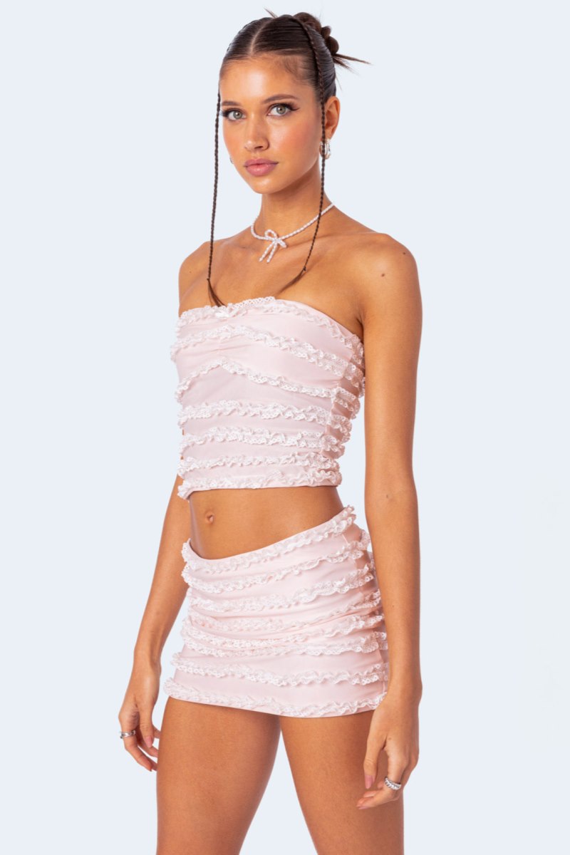 Edikted Izzy Ruffled Strapless Strapless Tops Light Pink | USA YL615331X5