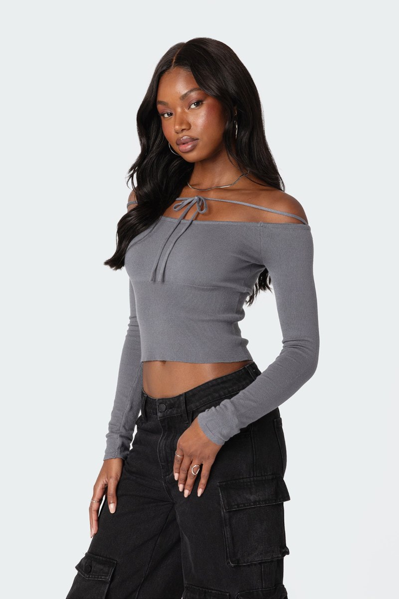 Edikted Jane Tie Front Knit Long Sleeve Tops Gray | USA LF665316A1