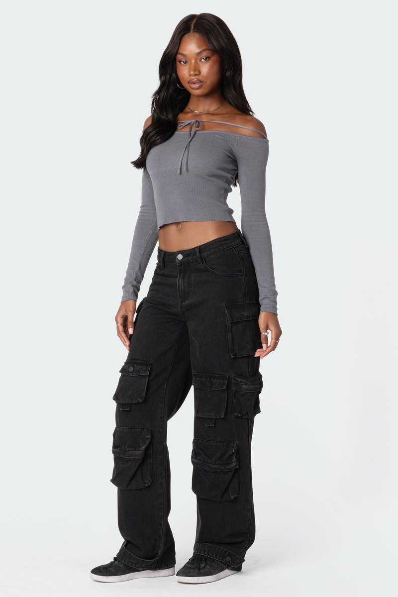 Edikted Jane Tie Front Knit Long Sleeve Tops Gray | USA LF665316A1