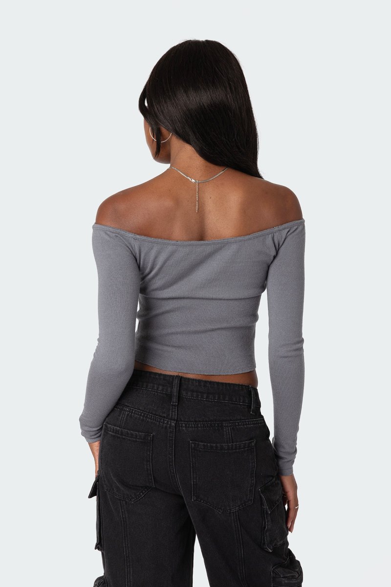 Edikted Jane Tie Front Knit Long Sleeve Tops Gray | USA LF665316A1