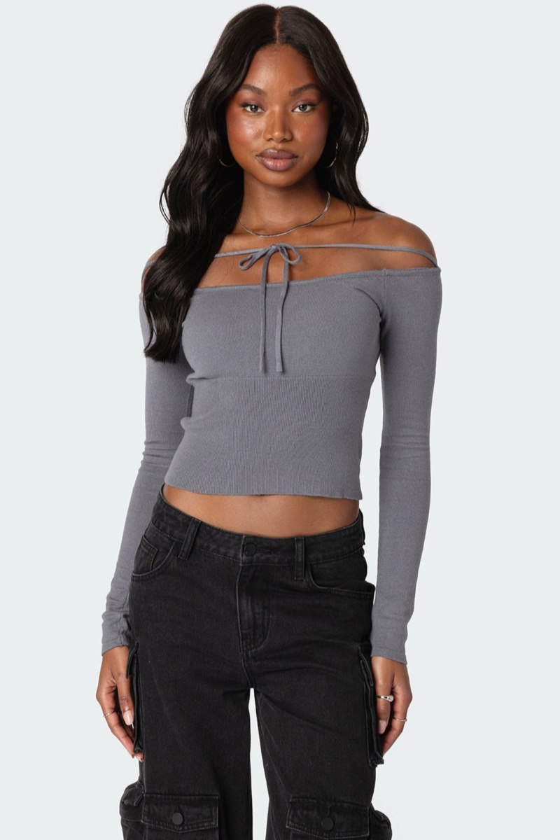 Edikted Jane Tie Front Knit Long Sleeve Tops Gray | USA LF665316A1
