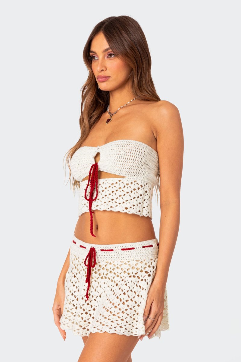Edikted Jaslene Strapless Crochet Strapless Tops White | USA TL691419C9