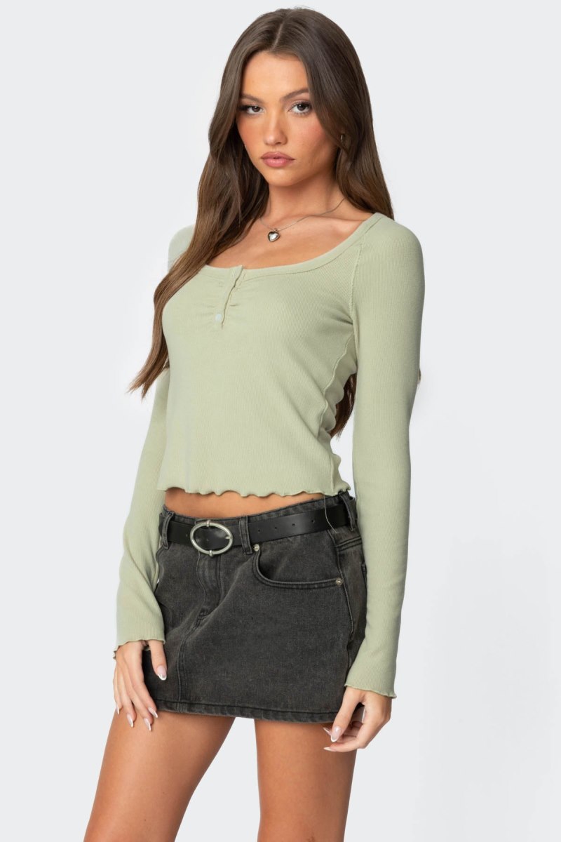 Edikted Jayde Ribbed Henley Long Sleeve Tops Sage | USA MW632113D3