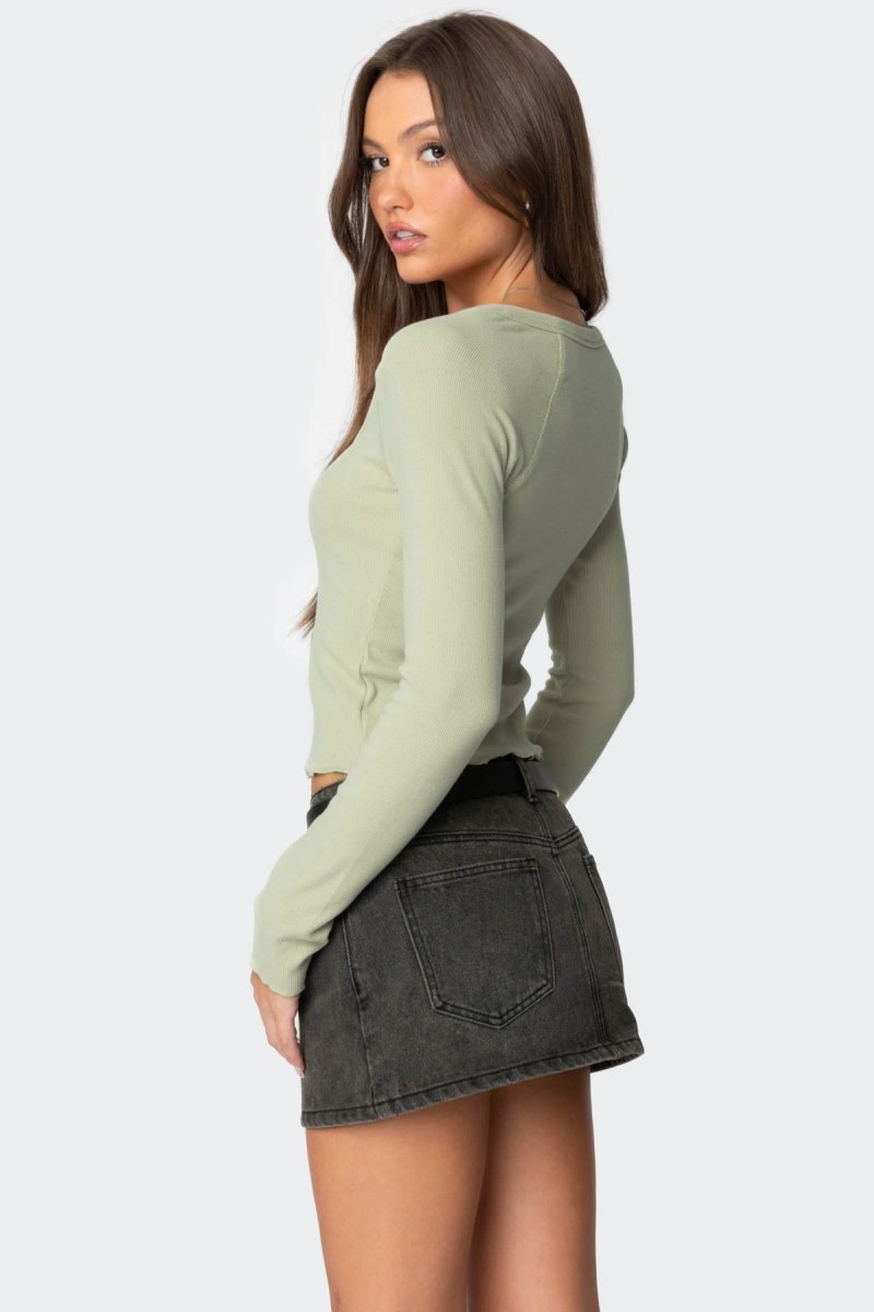 Edikted Jayde Ribbed Henley Long Sleeve Tops Sage | USA MW632113D3