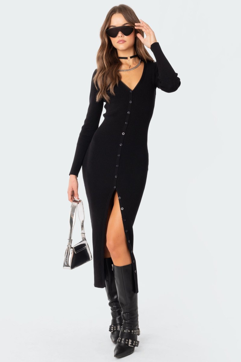 Edikted Jazlyn Knitted Button Up Maxi Dress Maxi Dress Black | USA ZU648874K4